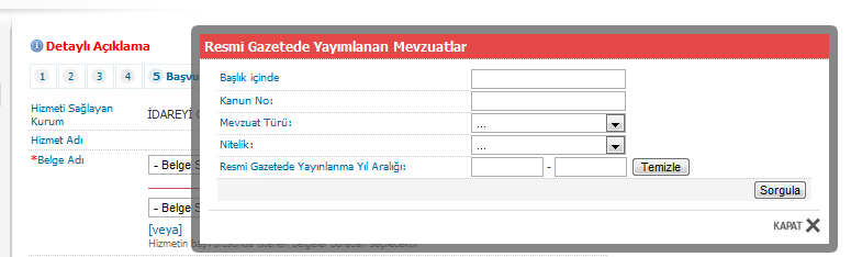 Şekil 22-Alternatif Belgelerin seçileceği Liste Listede aynı belgenin farklı isimler ile birden fazla yazılmış olduğu tespit edilirse bu durumun mutlaka İdareyi Geliştirme Başkanlığına bildirilmesi