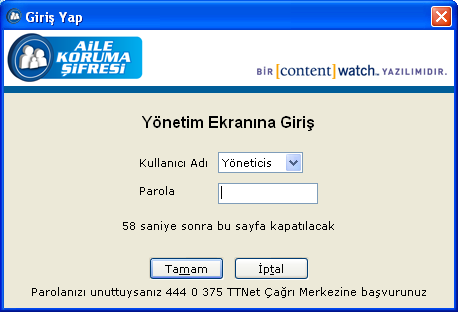 2. Açılan menüden yönetici adınızı seçip parolanızı girin ve Tamam ı tıklayın. Parolanızı yazarken okunmasını önlemek için yıldız işaretleri (*) görünür.