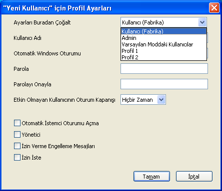 Kullanıcı Profilini Çoğaltma Aile Koruma Şifresi yeni kullanıcı profili oluşturmak için varolan kullanıcı profillerinin ayarlarını çoğaltmanıza olanak verir.