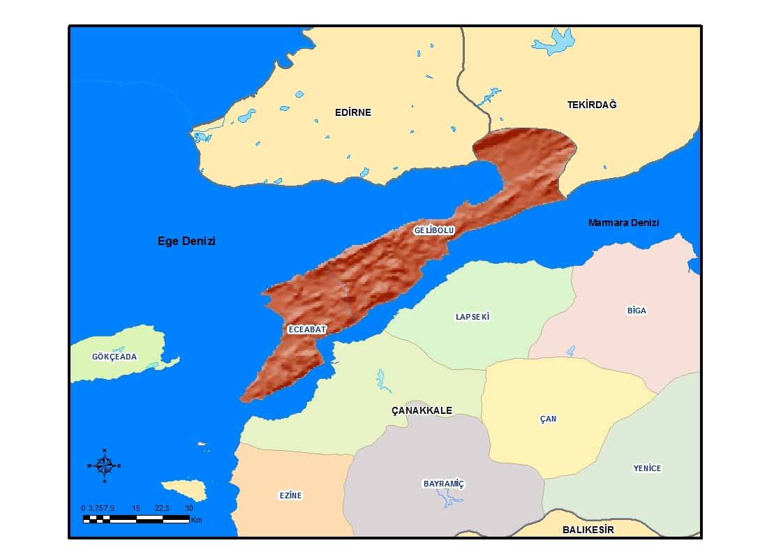 11 3. GELİBOLU YARIMADASI TEKTONİK ÇİZGİSELLİKLERİNİN BELİRLENMESİ 3.1 Çalışma Alanı Çalışma alanı, Gelibolu Yarımadası olarak belirlenmiştir (Şekil 3.1).