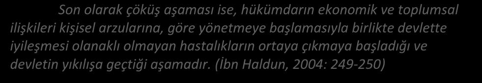 İbn Haldun İlk aşama, yerleşik bir yönetimin elinden askerî üstünlükle devleti ele geçirme, yani fetih aşamasıdır. Bu aşamada asabiye bağları oldukça güçlüdür.