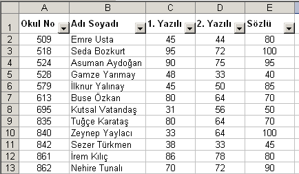 Tablodaki bilgileri ad soyad a göre sıraladığımız gibi diğer bilgilere göre de sıralayabiliriz. Bu durumda neye göre sıralanmak isteniyorsa sıralama ölçütünden ilgili başlık seçilmelidir.