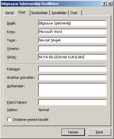 Belgenin türü, kayıtlı olduğu klasör, disk üzerinde kapladığı alan, Kayıt tarihi, değiştirilme tarihi gibi bilgiler yer alır.