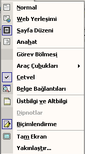 Görünüm Menüsü Belgenin normal görünümüdür. Dikey cetvel görünmez, sayfanın kenar boşlukları ve marj ayarları tam belirgin değildir. Belgenin sade bir şekilde görüntülenmesini sağlar.