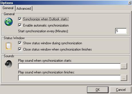 General kısmında Synchronize when Outlook starts olan seçeneği ile Outlook açılınca otomatik olarak senkronizasiyon yapılıyor.