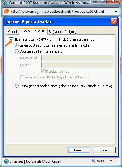 Açılan İnternet E-Posta Ayarları penceresinde Giden Sunucusu