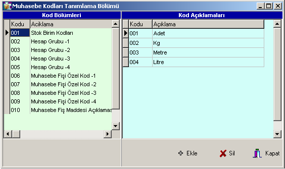 8.3. Kod Tanımlamaları Bu seçenekte, programda kullanıian stok birimleri, hesap grup kodları, muhasebe fişi kodları ve muhasebe fiş maddesi açıklamaları gibi kodlara, yeni kodlama tanımlaması