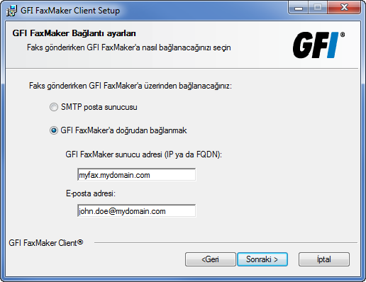 Ekran Görüntüsü 3: GFI FaxMaker ürününe bağlanılıyor 5. GFI FaxMaker Faks İletisi formunu kurarken GFI FaxMaker ürününe nasıl bağlanılacağını seçin.