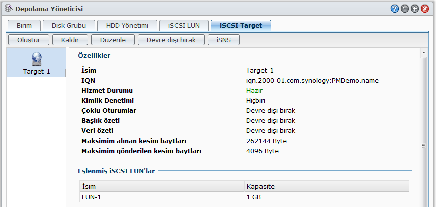 Depolama Yöneticisi ile iscsi Target'i Yönetin Ana Menü > Depolama Yöneticisi seçeneğine gidin ve iscsi Target sekmesine tıklayarak Synology DiskStation sunucunuz üzerindeki iscsi Target'leri yönetin.