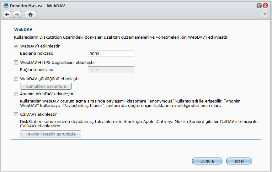 Dosyalara WebDAV aracılığıyla Erişin WebDAV veya CalDAV etkinleştirmesi ile (Ana Menü > Denetim Masası > WebDAV seçeneğinde), DiskStation üzerine depolanan dosyaları ve