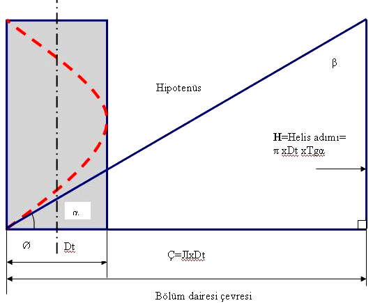 1.2. HELĠSEL OLUK ELEMANLARININ HESAPLANMASI 1.3. Yukarıdaki Ģekil, helisin tanımlarından 1.'si olan dik üçgenin hipotenüsünün silindir üzerine sarılması ile oluģan helis eğrisini ifade etmektedir.