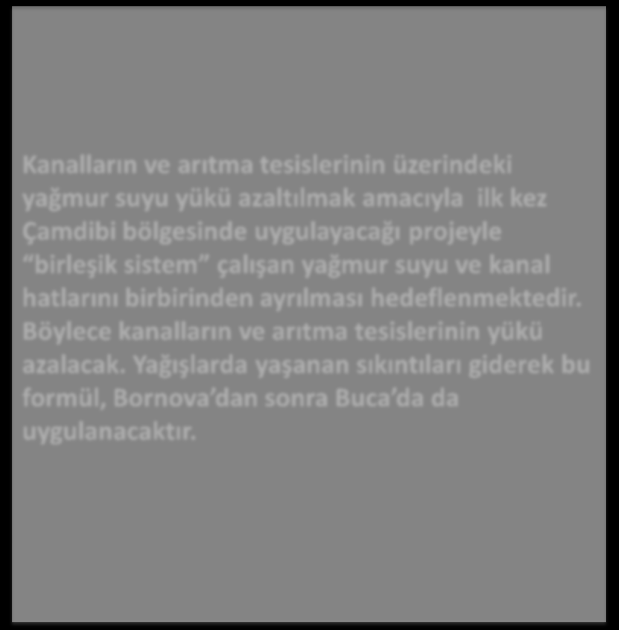 Yaz aylarında tatil beldelerinde oluşan yoğunluk nedeniyle özellikle Foça ve Menderes ilçelerinin bazı bölgelerinde kanalizasyon hattının bulunmaması nedeniyle hattın deşarjı her hane önünde bulunan