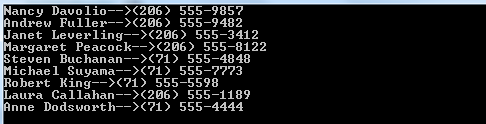 komut.commandtext = "SELECT *FROM Employees"; komut.commandtype = CommandType.Text; SqlDataReader rd; baglanti.open(); rd = komut.executereader(); while (rd.read()) Console.WriteLine(rd["FirstName"].