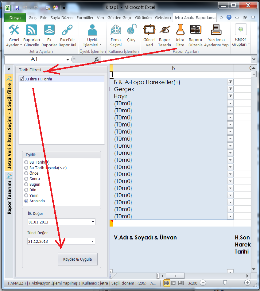 3-) Jetra Filtre= Excel Pivot uygulamasında tarih arası filtresi vermek, zor olduğu için, sizlere kolaylık olması açısından geliştirdiğimiz bir özelliktir.