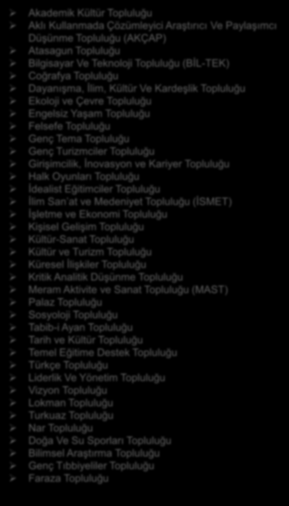 Topluluğu GiriĢimcilik, Ġnovasyon ve Kariyer Topluluğu Halk Oyunları Topluluğu Ġdealist Eğitimciler Topluluğu Ġlim San at ve Medeniyet Topluluğu (ĠSMET) ĠĢletme ve Ekonomi Topluluğu KiĢisel GeliĢim