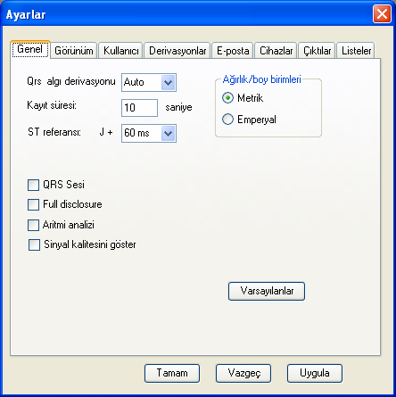 Ayarları Çalıştır Ayarlar, StressWin programı çalışırken seçenek olarak sunulmuş bulunan pek çok parametreyi ayarlamak (set etmek) için kullanılan iletişim kutusunu çalıştırır.