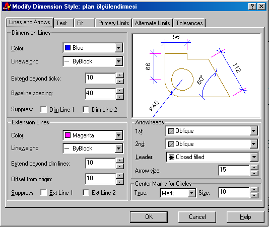 Dimension Line: Ölçü çizgisi ayarları yapılır. Color: Ölçü çizgisi rengi ayarlanır. Lineweight: Ölçü çizgisinin çizgi kalınlığını gerekirse ayarlanabilir.