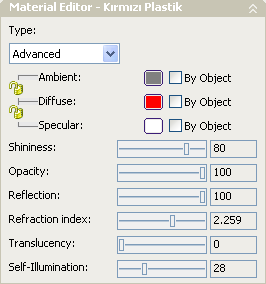 Kırmızı Plastik ayarları da yan tarafta gösterildiği değerlere ayarlayarak render ediniz. Ekran görüntüsü Translucency: 3 Translucency: 12 Translucency değeri 0 ile 100 arasında değişir.