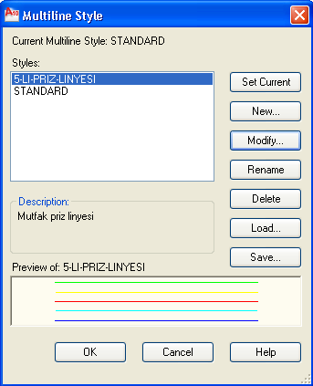 Multiline style: Çoklu çizgi tipi Çoklu çizgi tipi oluşturmak için MLSTYLE komutu kullanılır. Komut verildiğinde Multiline Style iletişim kutusu ekranınıza gelir.