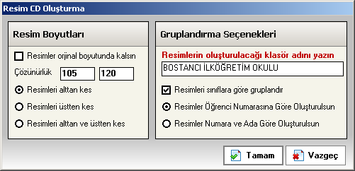 Resim CD si (E-Okul CD si) Hazırlama Öğrenci resimlerini E-Okul veya diğer programlarda kullanılabilmesi için uygun hale getirir.