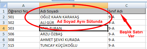 Verilerin Aktarımı Sınıf Öğrenci ekranında iken Excel den Veri Al butonuna tıklanarak yukarıda ekran açılır. İlk önce Dosya Seç butonu ile verilerin alınacağı Excel dosyası seçilir.