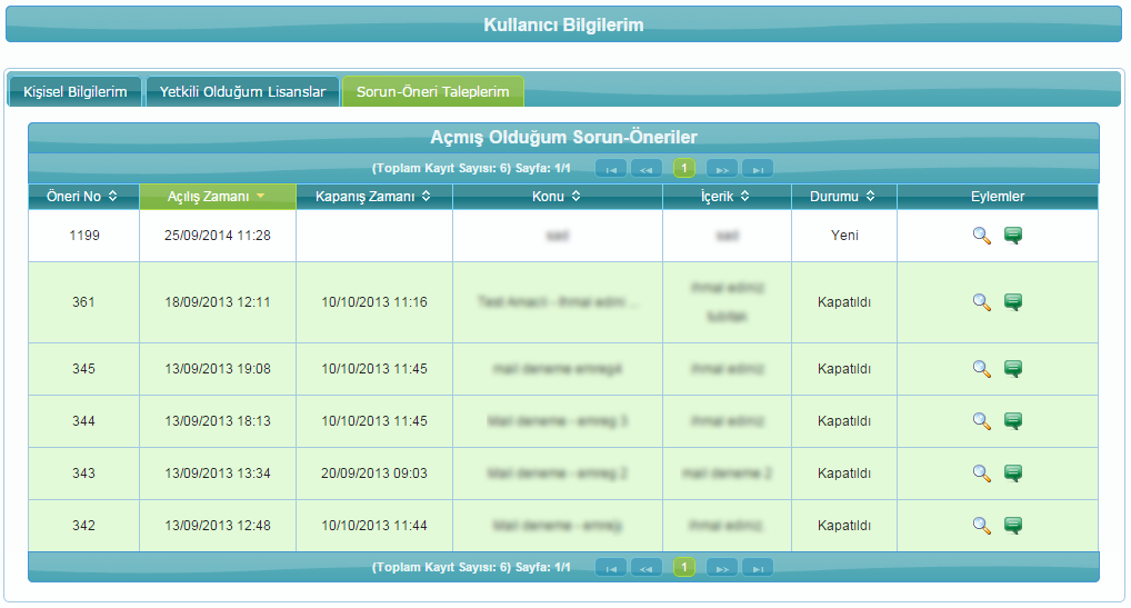 Yetkili Olduğum Lisanslar Sekmesi'nde kullanıcının yetkili olarak atandığı lisanaların bilgisi bulunmaktadır.