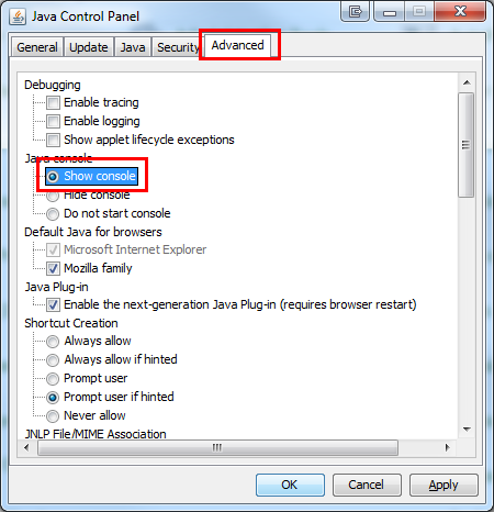 Java Kontrol Paneli Ekranı 3. Java Kontrol Paneli Ekranı'ndan Advanced sekmesine gelinir. Java console seçeği altından Show Console seçeneği seçilir. 4.