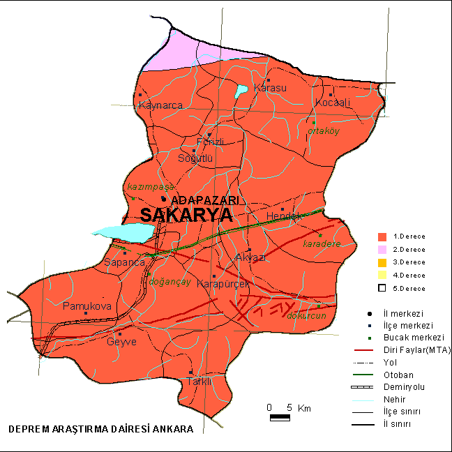 Şekil 2.7: Sakarya ili deprem haritası (Sakarya, 2004) Yaşanan bu depremlerin sonuçları şu şekildedir: a) 20.06.