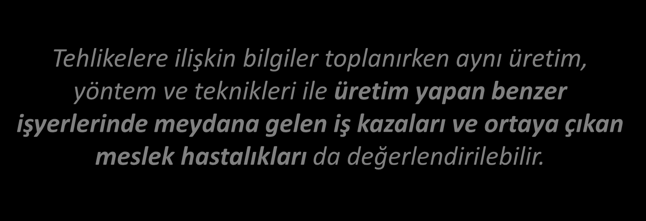 RİSK YÖNETİM PROSESİ (SÜRECİ) Tehlikelerin Tanımlanması / İSG RD Yönetmeliği 2 Tehlikelere ilişkin bilgiler toplanırken aynı üretim,