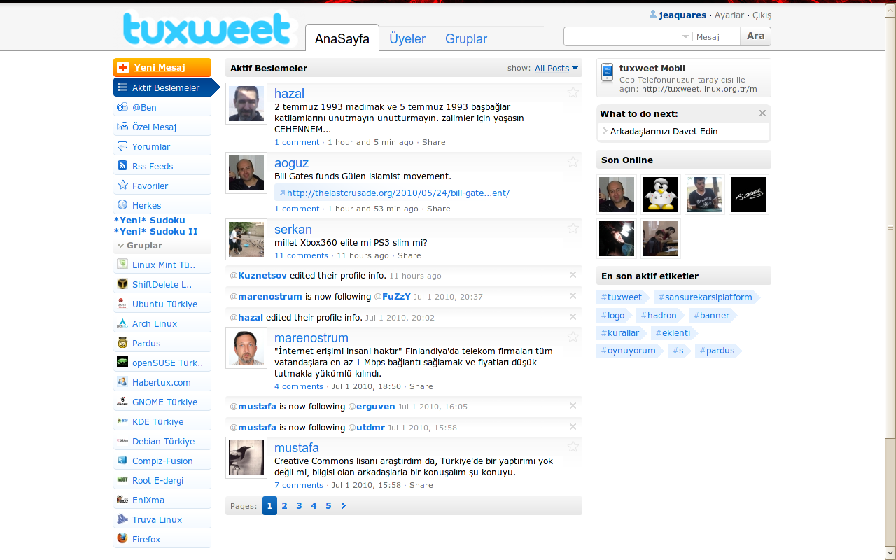 Site Tanýtýmý Tuxweet Merve Uluser Linux'çuların Twitter'ı Tuxweet İşte bu çabanın doğal bir ürünü olarak Türkiye'de de Linux kullanıcıları için yeni bir proje oluşturuldu. Bu projenin adı "Tuxweet".