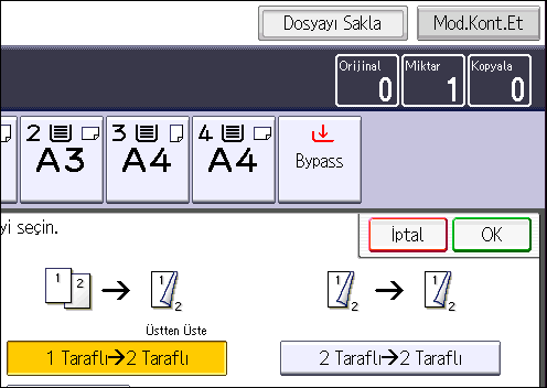 3. Copy Orijinal Orijinallerin yerleştirilmesi Orijinal Yönü Yön Copy Üstten Alta 1. [Dub./Komb./Seriler] tuşuna basın. 2. [Dubleks] tuşunun seçildiğinden emin olun.