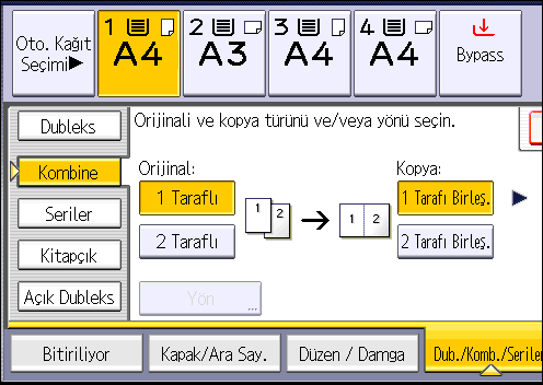 3. Copy 3. [Orijinal:] için [1 Taraflı] veya [2 Taraflı] seçeneğini seçin. 4. [2 Tarafı Birleş.] seçeneğine basın. 5. [Yön] tuşuna basın. 6.