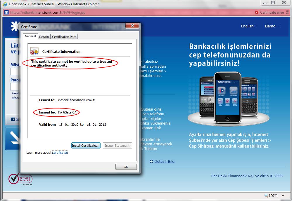 Web sitesi bankaya ait ama sertifika FortiGate e ait. - Firefox 4.0.