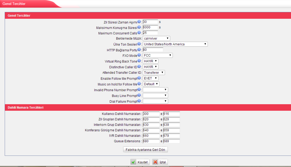 6.6 Temel Ayarlar Xpeexh Medium yapılandırması için genel tercihler, mesai saatleri, özellik kodları, sesli posta kutusu ayarları gibi bazı temel ayarlar bulunmaktadır 6.6.1 Genel Tercihler Bu sayfada xpeech in bazı genel ayaraları bulunmaktadır.