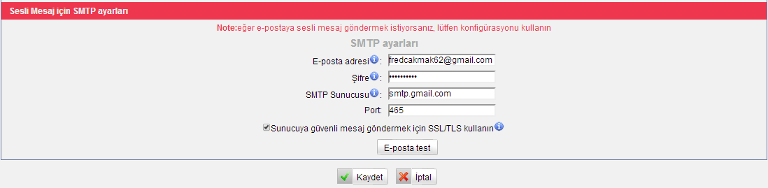 2) SMTP Settings for Voicemail Sesli Postalar için SMTP Ayarları Not: Eğer sesli postaları eposta adreslerine göndermek isterseniz bu alanı doğru bir şekilde yapılandırmalısınız.