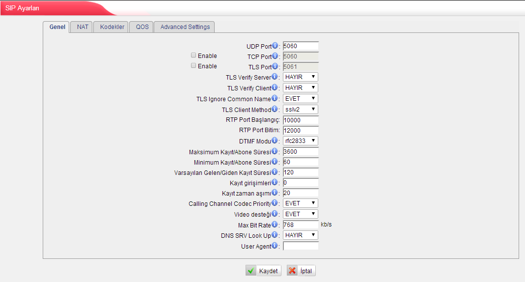 6.7 Gelişmiş Ayarlar 6.7.1 SIP Ayarları Resim 6-56 SIP Ayarları Genel 1) General - Genel UDP Port UDP Portları SIP Kayıt için kullanılan port, varsayılan değer 5060.