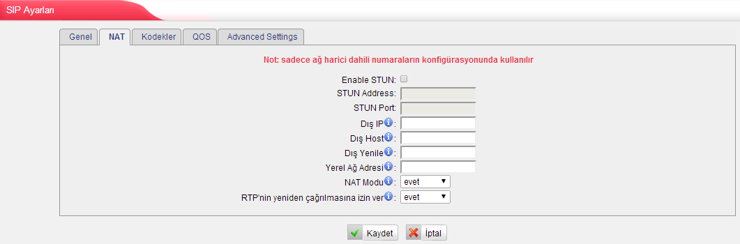 Eğer SIP dış hat birden fazla IP adres kullanıyorsa bu özelliği ektinleştirin. User Agent Kullanıcı Aracısı Asterisk in Kullanıcı Aracısı ismini değirmek için kullanılır.