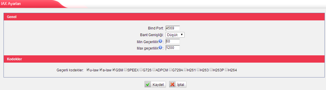 6.7.2 IAX Ayarları 1) Genel Resim 6-61 IAX Ayarları Bind Port IAX2 kayıtları için kullanılan port, Varsayılan değer 4569.