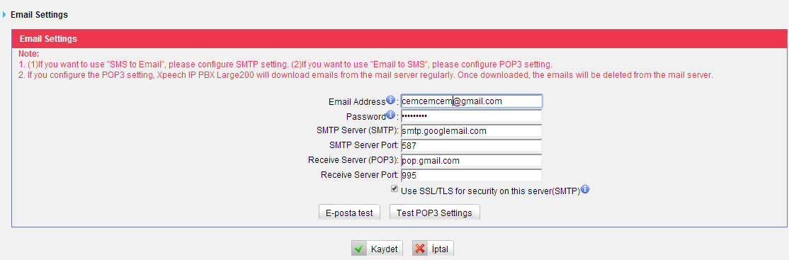 Resim 6-77 SMTP/POP Sunucu Ayarları Not: 1. SMS to Email özelliğini kullanmak için POP3 ayarlarını yapılandırın. 2.