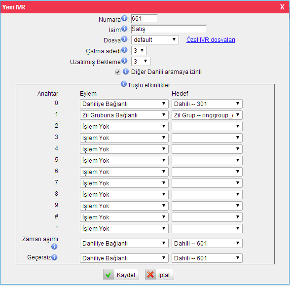 9.2 Gelen Arama 9.2.1 IVR Yönlendirme Örneği IVR anonsunda 0 tuşlandığında çağrının 300 nolu aboneye ve 1 tuşlandığında 301 nolu