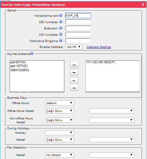 2. Add Inbound Routes Gelen Arama Yönü Ekle VOIP_IN gelen arama yönünde de gördüğümüz gibi VoIP dış hat üzerinden gelen tüm aramalar