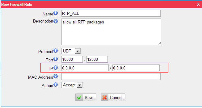 Bu gibi durumlarda bütün IP adreslerine RTP aralığı izni verilebilir: Name: RTP_ALL Protocol: UDP Port: 10000:12000 IP: 0.0.0.0/0.0.0.0 Action: Accept Resim 2-6 Bu durumda XPEECH tek yönlü ses probleminden kurtulabilir.