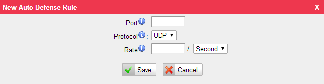Resim 5-10 Otomatik Savunma Kuralı Ekle Port Otomatik savunma istediğiniz port, örneğin, 8022. Protokol: Protokol seçin. UDP veya TCP seçebilirsiniz.