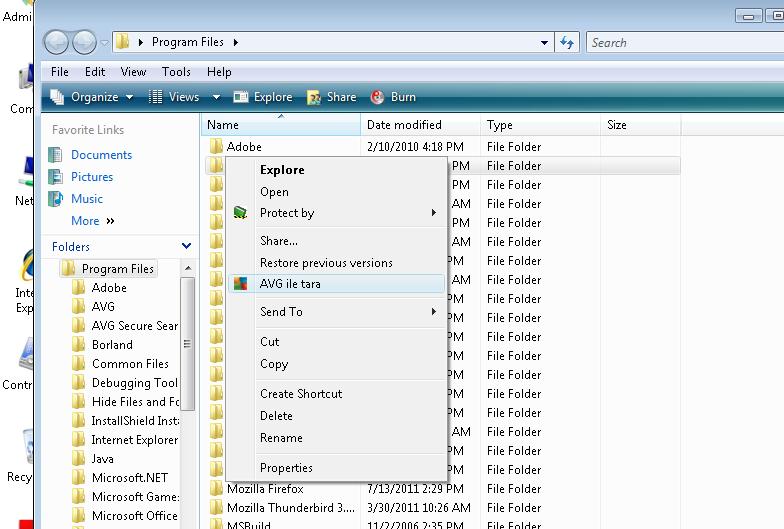 11.3. Windows Gezgini'nde Tarama Bilgisayarin tümünde ya da seçilen bölümlerinde gerçeklestirilen öntanimli taramalarin yani sira AVG Anti-Virus 2012, dogrudan Windows Gezgini ortaminda bulunan