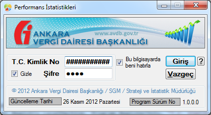 C. KULLANIM 1- Programa Giriş Güncelleme tarihi ve sürüm numarası değişebilir, ama aşağıdaki görüntüye benzer bir ekranla program sizi karşılar: Bu bilgisayarda beni hatırla