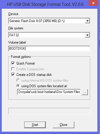 Using DOS system files located at: alanından «usb boot hazırlama» klasöründen DOS System Files klasörü seçilir. 4. Start butonuna tıklanır.