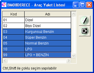 Aynı raporda araç yakıt tipi Dizel ya da Biyo Dizel olmayanların listesini almak istediğinizde; Seçimler ekranında Araç Yakıt bölümünde butonuna