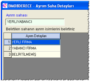 Cari/Genel/Cari Ayrım Detayları menüsü altında her bir kodla ilişkili detaylar girilir. Kodlara ilişkin detaylar yeni satırlar eklenerek artırılabilir.