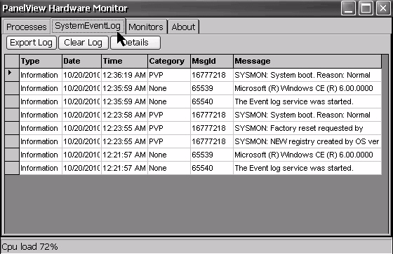 Bölüm 5 Windows CE İşletim Sistemi Hardware Monitor (Donanım Gözleyici) PanelView Hardware Monitor, işlemler, sistem event günlüğü ayrıntıları, pil gerilimleri ile sıcaklıkların izlenmesi ve örneğin