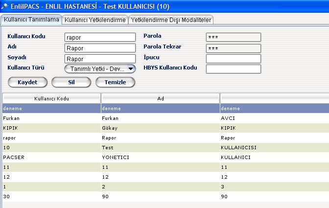 S a y f a 29 6) EnlilPACS YETKĐLENDĐRME EKRANI Sisteme tanımlı kullanıcıların, yetkilerini belirlemek ve yetki atamak için bu menü kullanılmaktadır.